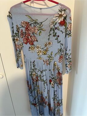 orange creek Floral Midi Dress in Light Blue with Red and Green Accents